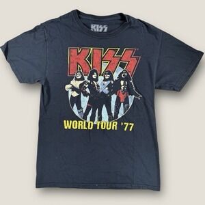 KISS World Tour 77 Graphic T-Shirt Black Small S Rock Band Distressed 2021